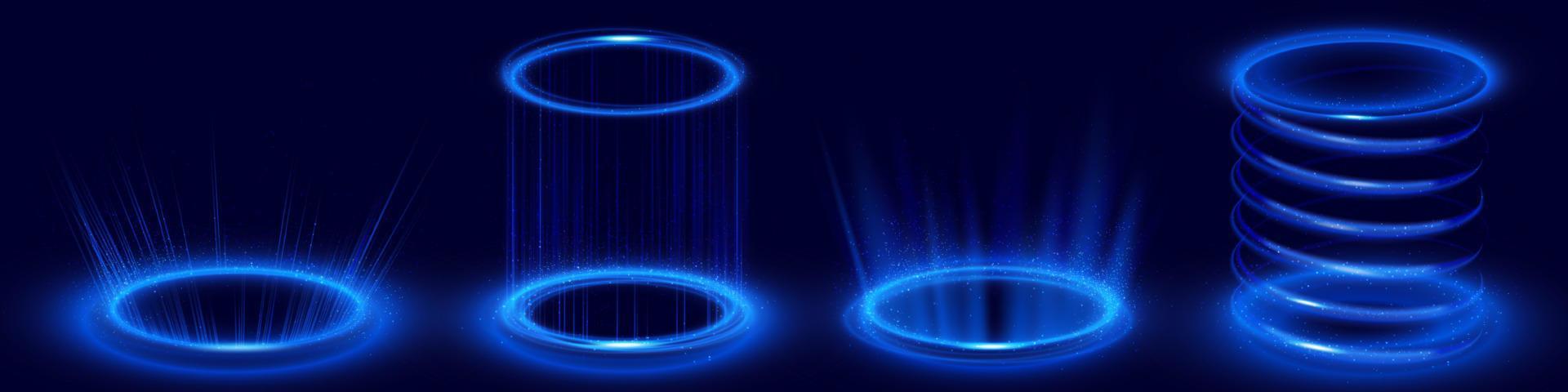 portais de holograma circular com luz neon azul vetor