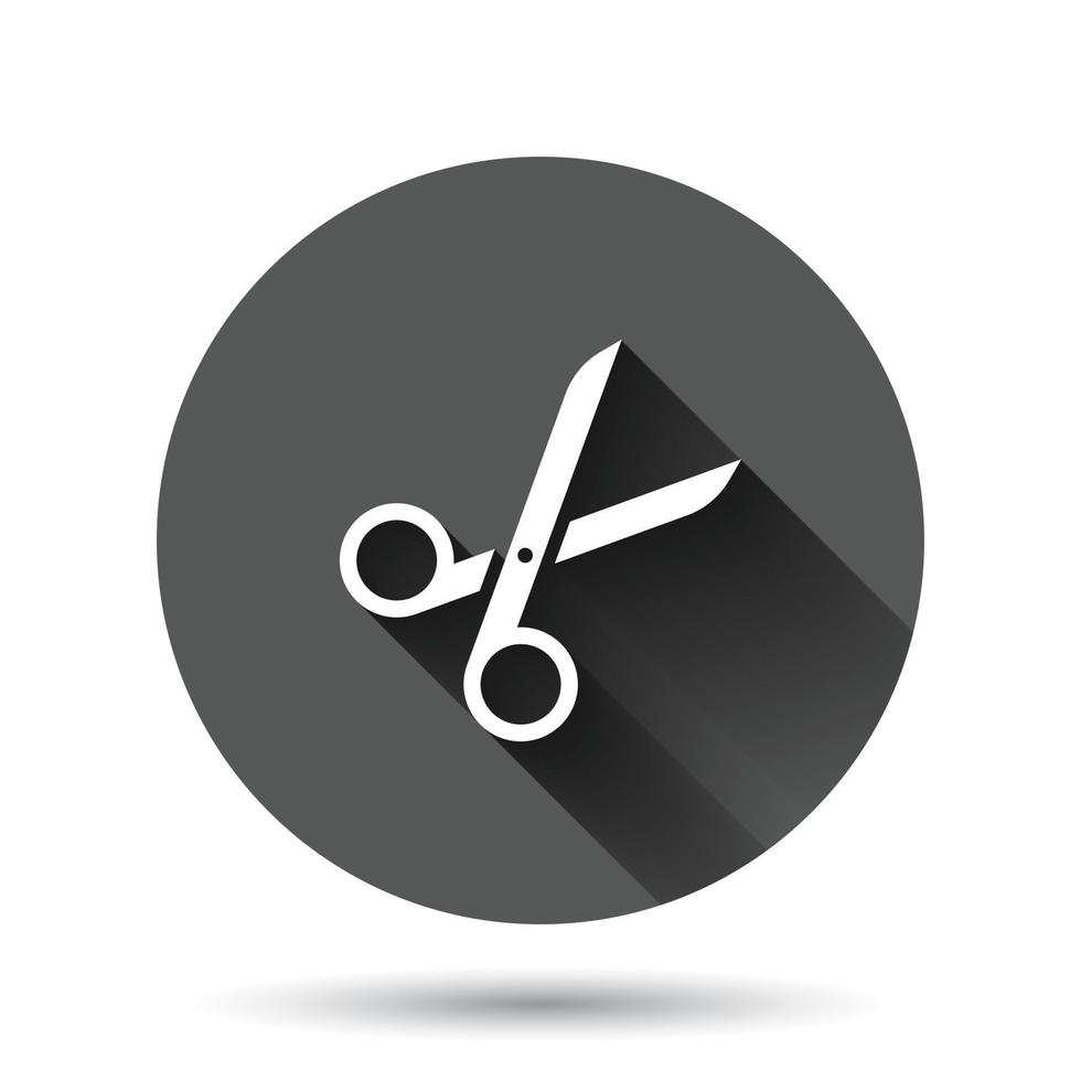 ícone de tesoura em estilo simples. corte a ilustração vetorial de equipamento em fundo redondo preto com efeito de sombra longa. conceito de negócio de botão de círculo cortador. vetor