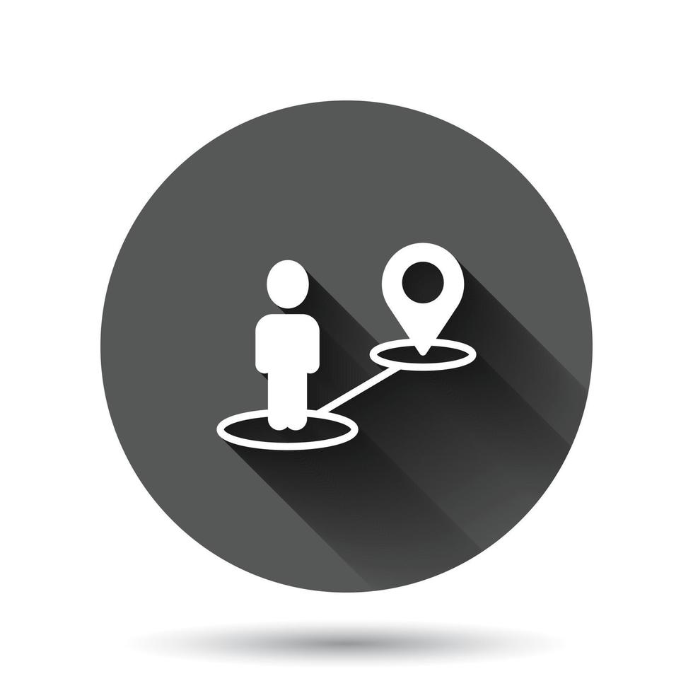 ícone do pino do mapa em estilo simples. ilustração em vetor navegação gps em fundo redondo preto com efeito de sombra longa. localize o conceito de negócio de botão de círculo de posição.