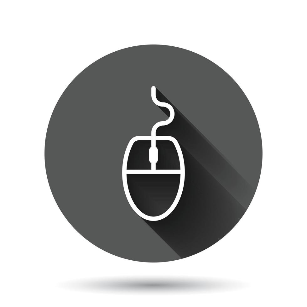 ícone do mouse de computador em estilo simples. ilustração em vetor cursor no fundo redondo preto com efeito de sombra longa. conceito de negócio de botão de círculo de ponteiro.