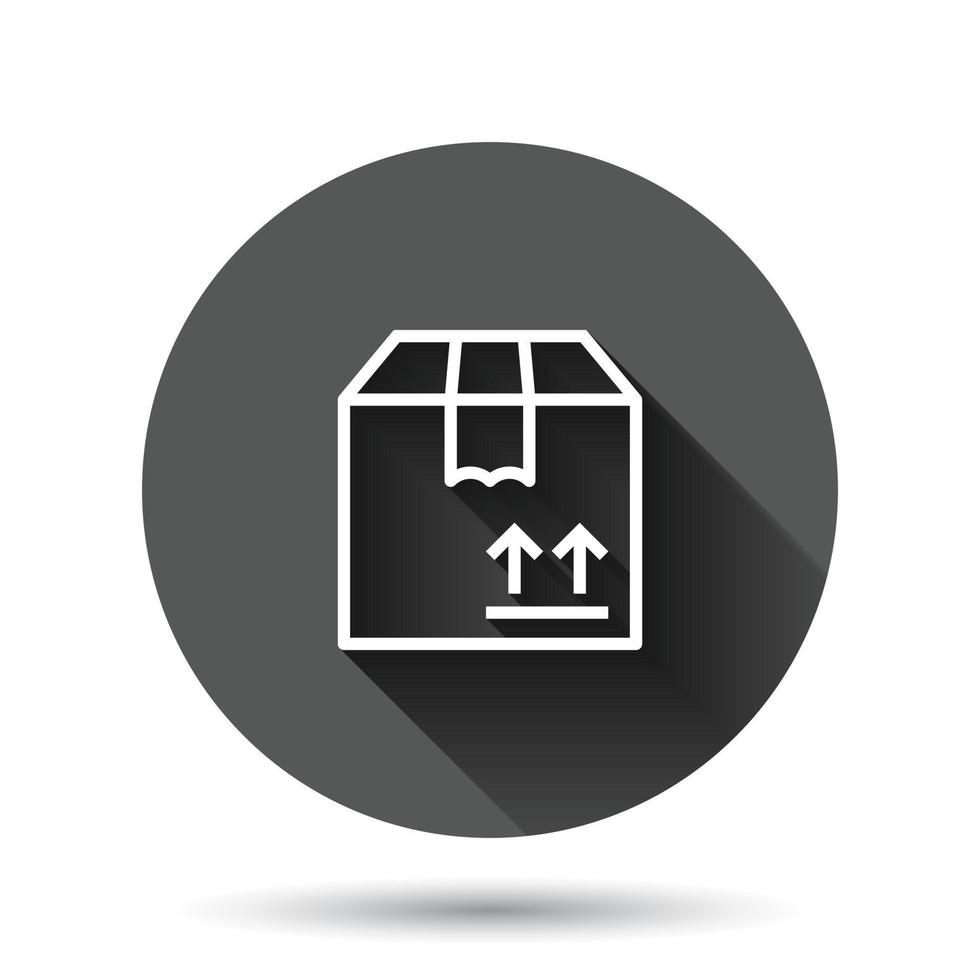 ícone da caixa de transporte em estilo simples. ilustração em vetor recipiente em fundo redondo preto com efeito de sombra longa. conceito de negócio de botão de círculo de pacote de papelão.