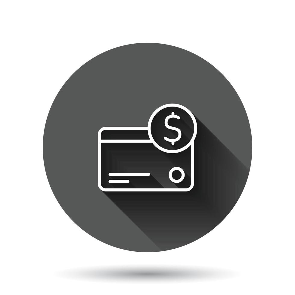 ícone de cartão de crédito em estilo simples. ilustração em vetor pagamento de dinheiro em fundo redondo preto com efeito de sombra longa. conceito de negócio de botão de círculo de compra financeira.