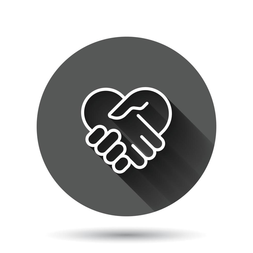 ícone de aperto de mão em estilo simples. ilustração em vetor acordo de parceria em fundo redondo preto com efeito de sombra longa. conceito de negócio de botão de círculo de acordo.