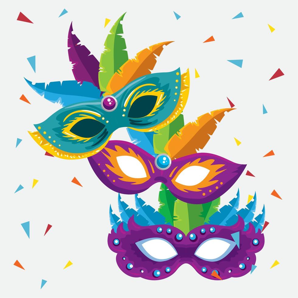 máscaras de carnaval com decoração de penas para celebração do festival vetor