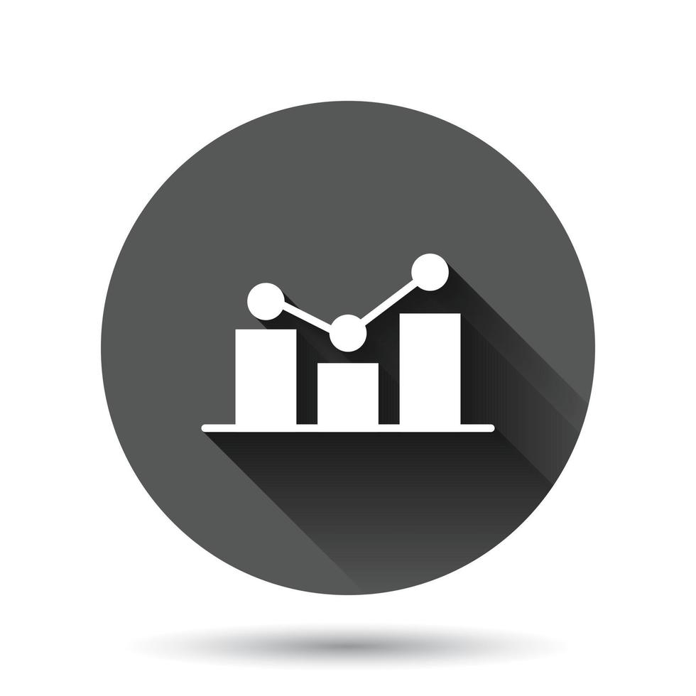 crescente ícone de gráfico de barras em estilo simples. aumentar a ilustração vetorial de seta no fundo redondo preto com efeito de sombra longa. conceito de negócio de botão de círculo de progresso infográfico. vetor