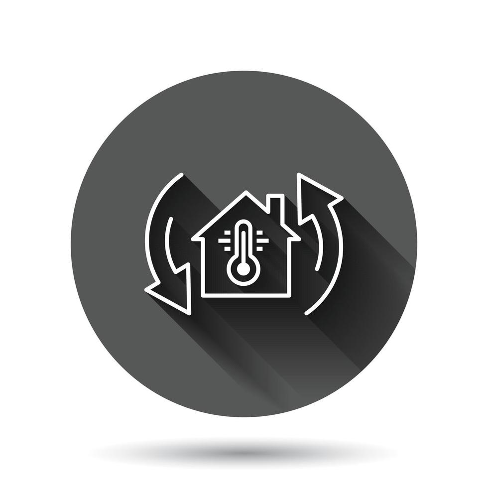ícone de termômetro em casa em estilo simples. ilustração em vetor casa clima controle no fundo redondo preto com efeito de sombra longa. conceito de negócio de botão de círculo de temperatura quente e fria.