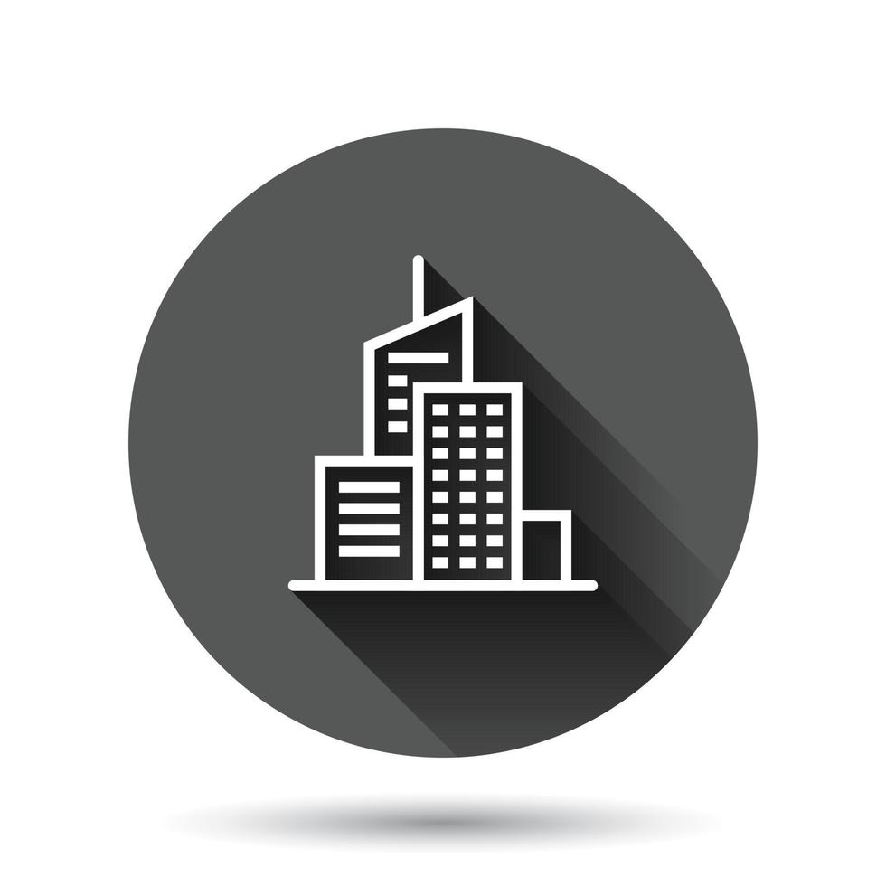 ícone de construção em estilo simples. ilustração em vetor apartamento arranha-céu da cidade no fundo redondo preto com efeito de sombra longa. conceito de negócio de botão de círculo de torre de cidade.
