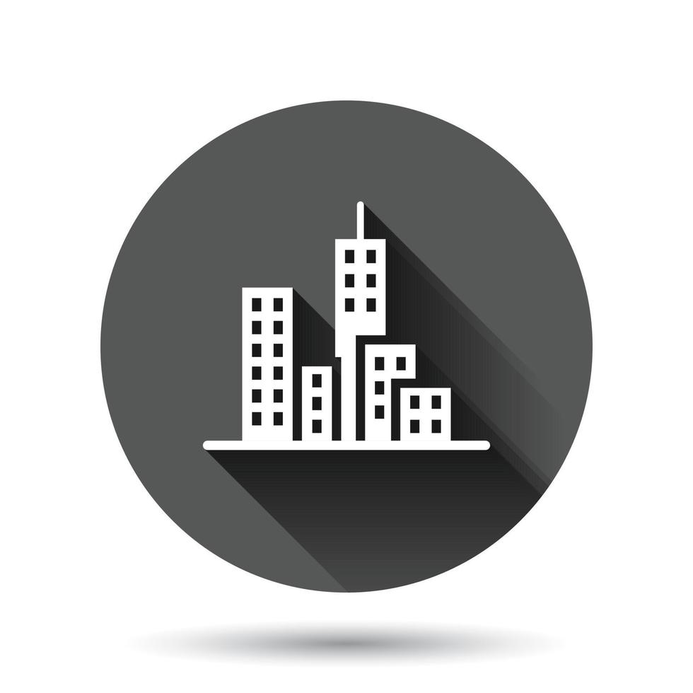 ícone de construção em estilo simples. ilustração em vetor apartamento arranha-céu da cidade no fundo redondo preto com efeito de sombra longa. conceito de negócio de botão de círculo de torre de cidade.