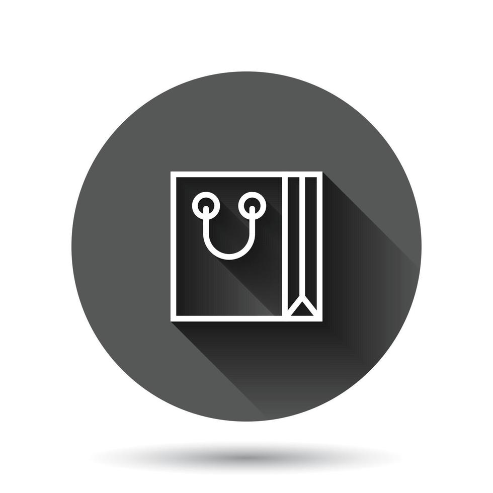 ícone de sacola de compras em estilo simples. ilustração vetorial de sinal de bolsa em fundo redondo preto com efeito de sombra longa. conceito de negócio de botão de círculo de pacote. vetor