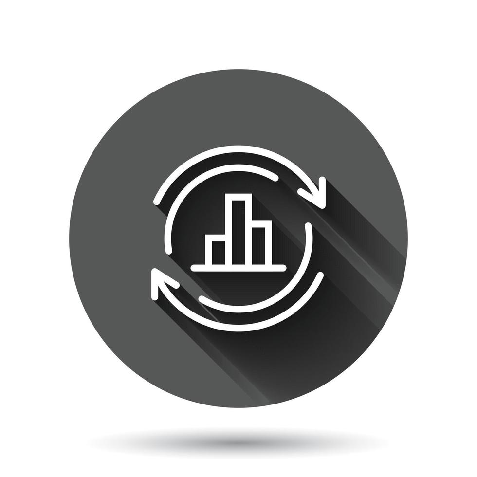 crescente ícone de gráfico de barras em estilo simples. aumentar a ilustração vetorial de seta no fundo redondo preto com efeito de sombra longa. conceito de negócio de botão de círculo de progresso infográfico. vetor