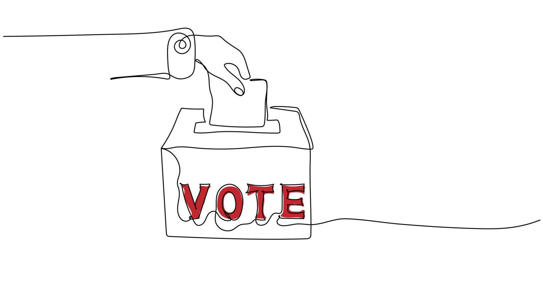 desenho contínuo de uma linha da mão colocando ou inserindo papel de votação na urna vetor