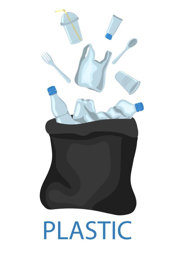 resíduos de plástico e lixo. grande saco de plástico preto desenhado à mão com resíduos de plástico vetor