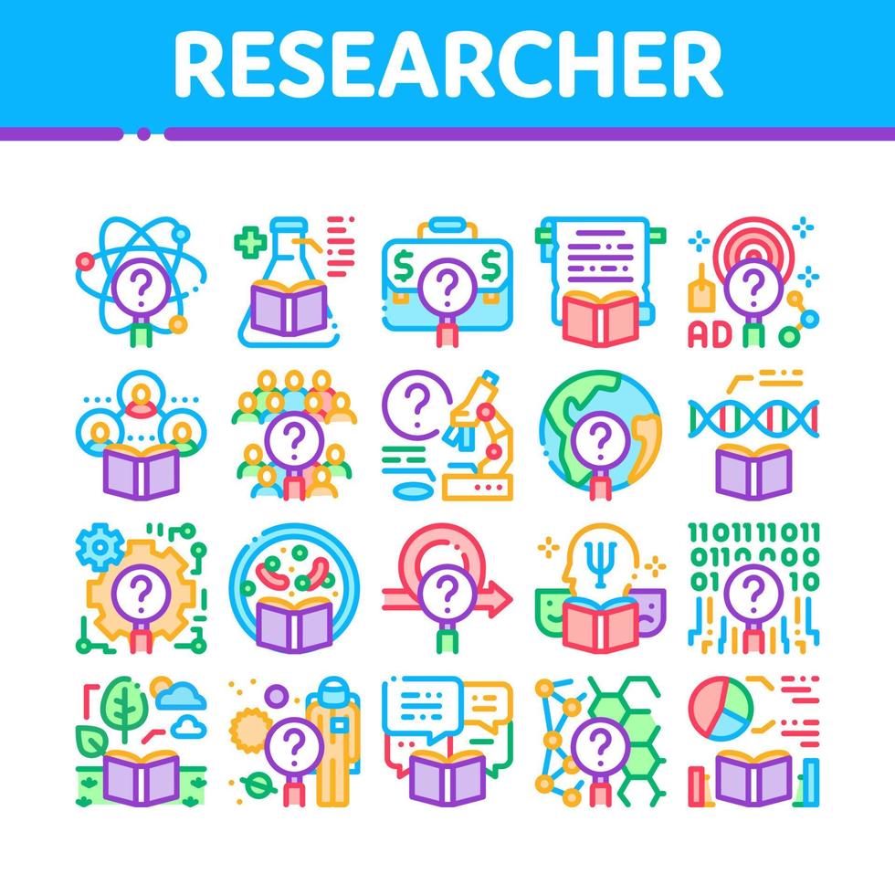 conjunto de ícones de coleção de negócios de pesquisador ilustrações vetoriais vetor