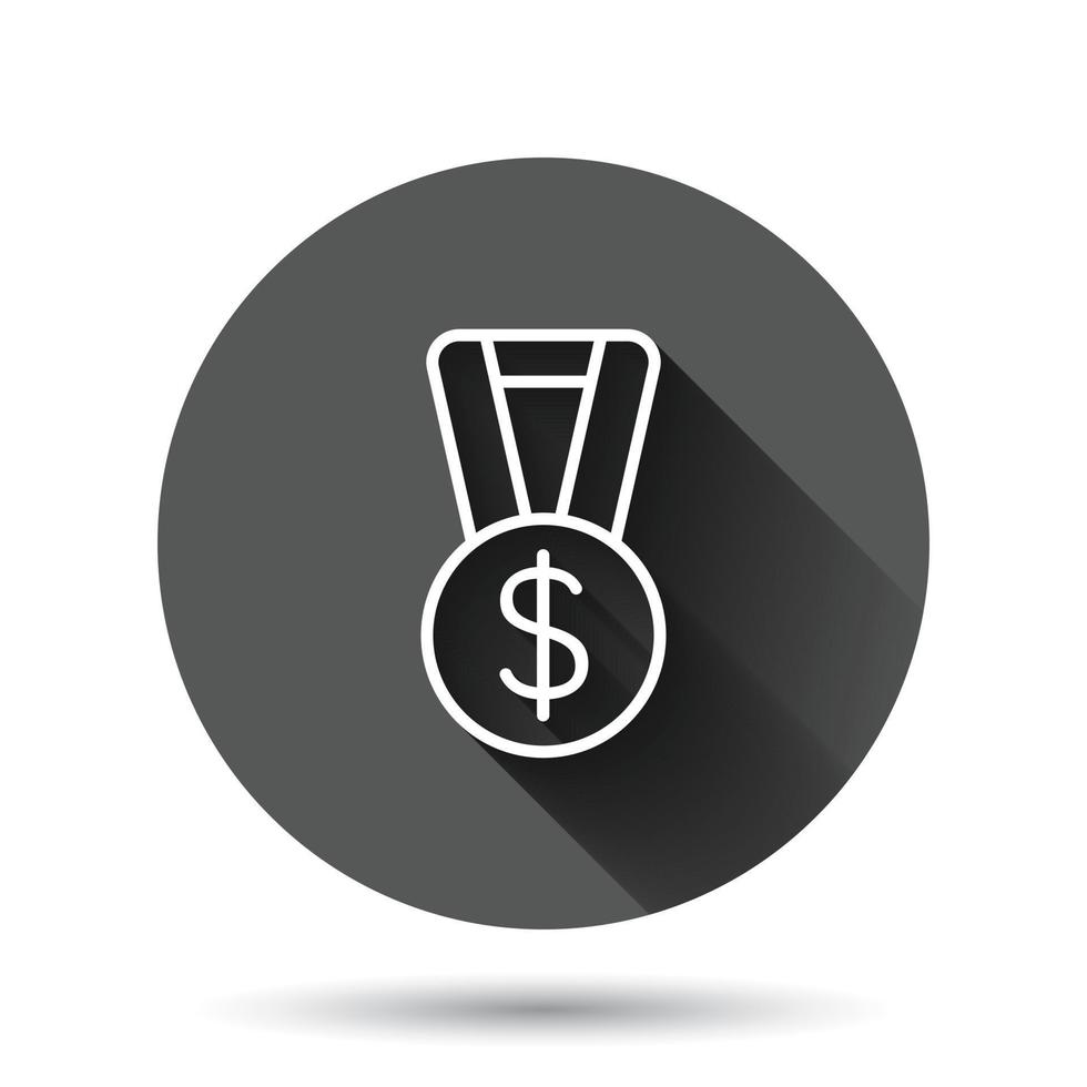 medalha com ícone de dólar em estilo simples. ilustração em vetor prêmio dinheiro troféu no fundo redondo preto com efeito de sombra longa. conceito de negócio de botão de círculo de conta de notas.