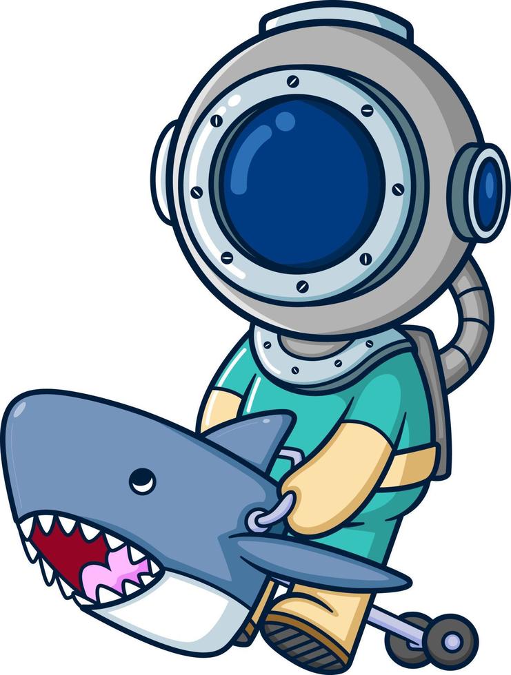 o mergulhador brincando com tubarão de brinquedo vetor