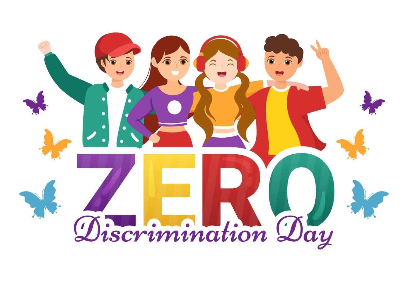 ilustração de dia de discriminação zero com pessoas diferentes e cores diferentes para a página de destino no modelo de borboleta desenhada à mão de desenho animado vetor