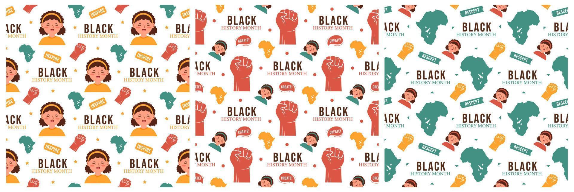 conjunto de padrão perfeito do mês da história negra de feriado afro-americano na ilustração de design plano de desenho animado modelo desenhado à mão vetor