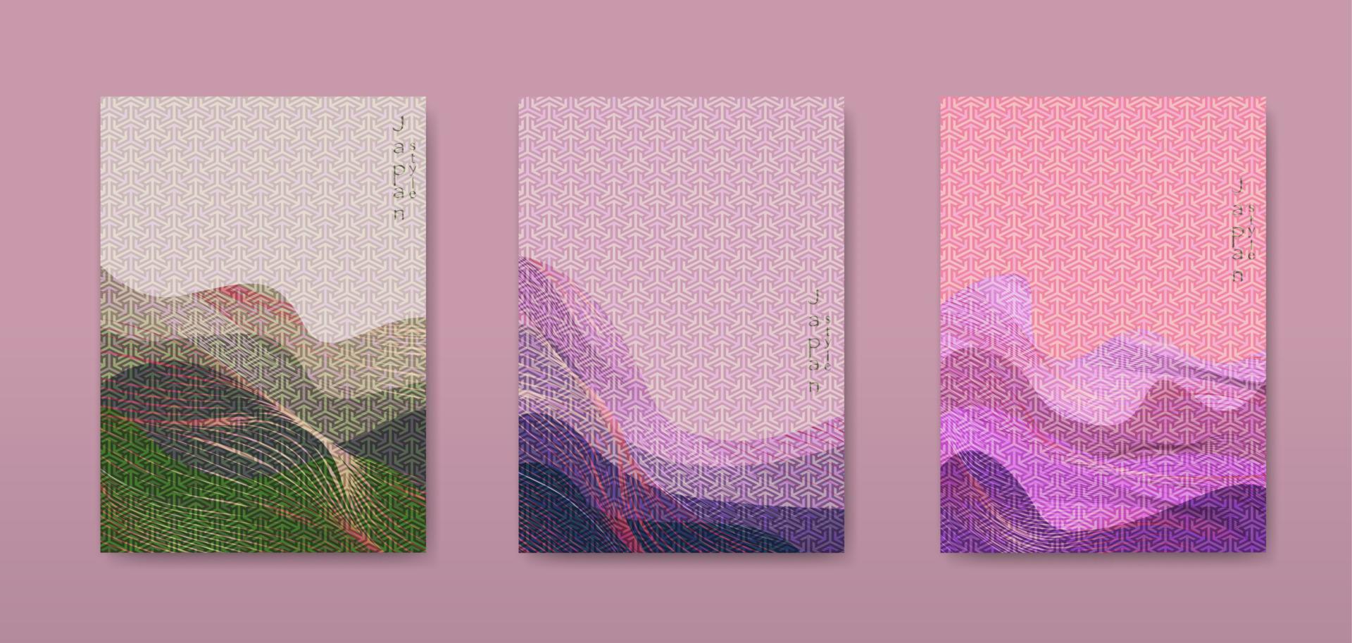 conjunto de cartões de fundo de paisagem japonesa, ilustração vetorial de padrão de onda de linha antiga. modelo abstrato de luxo vintage textura geométrica ondulada. projeto de layout de montanha em estilo oriental, folheto vertical vetor