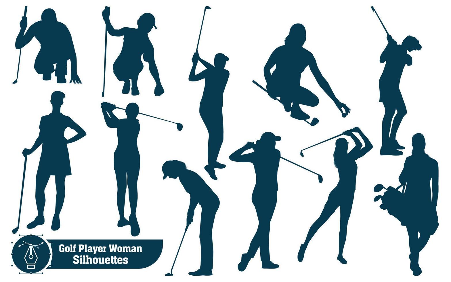 coleção vetorial de silhuetas femininas de jogadores de golfe em poses diferentes vetor