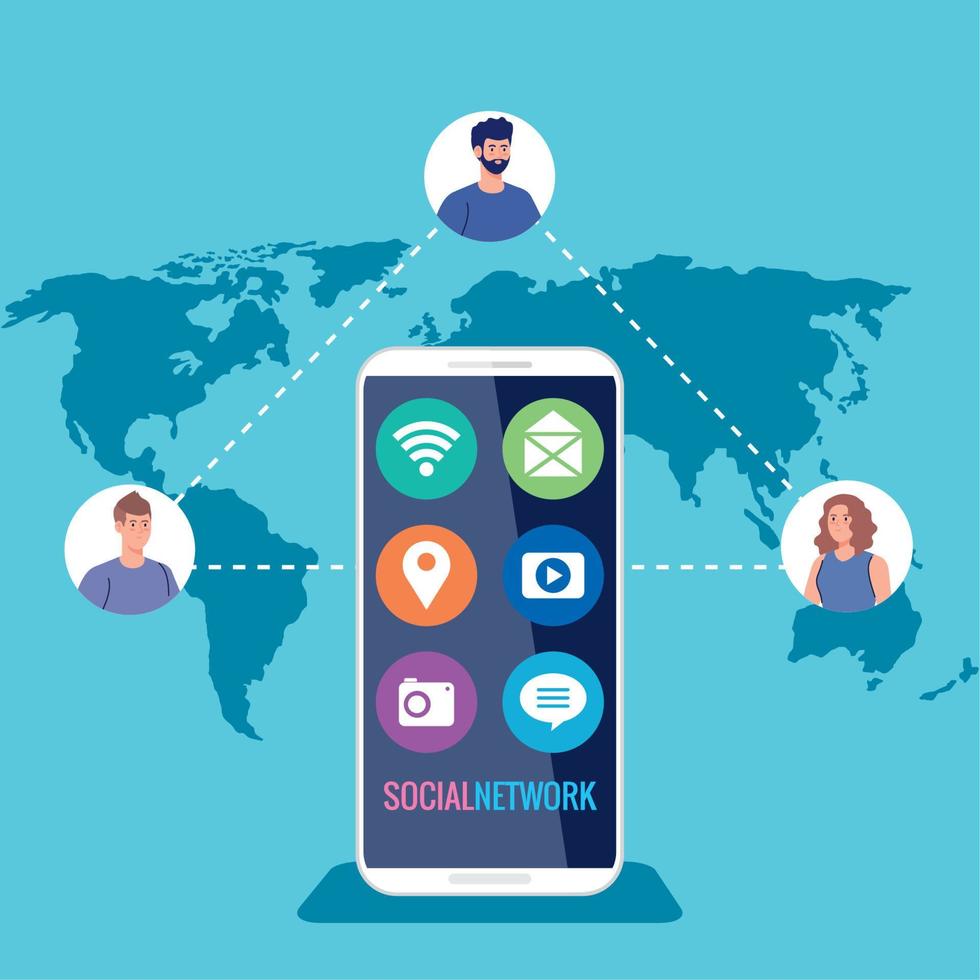 rede social, smartphone e pessoas conectadas para digital, interativo, comunicação e conceito global vetor