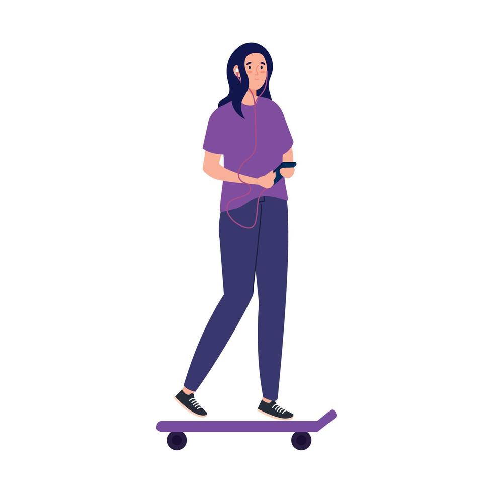 jovem mulher usando fones de ouvido e smartphone em skate no fundo branco vetor