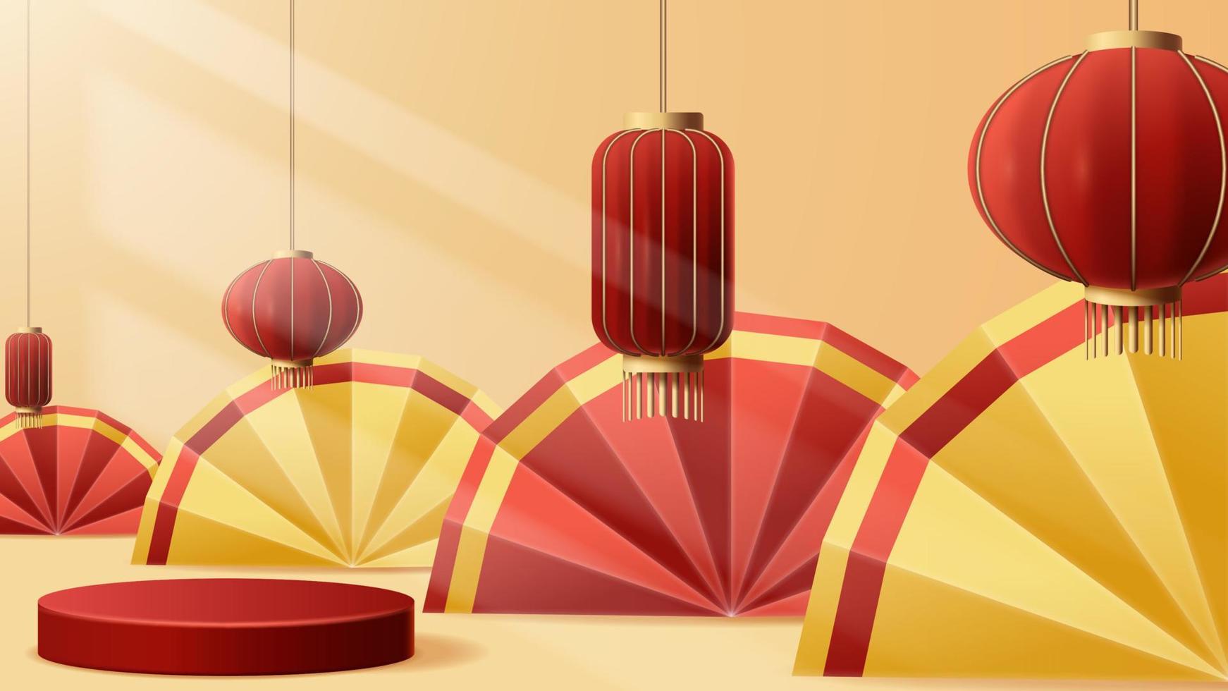 fundo de decoração de pódio de exibição de ano novo chinês com ornamento chinês. ilustração vetorial 3d vetor