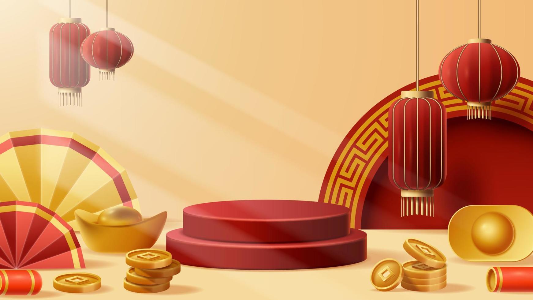 fundo de decoração de pódio de exibição de ano novo chinês com ornamento chinês. ilustração vetorial 3d vetor