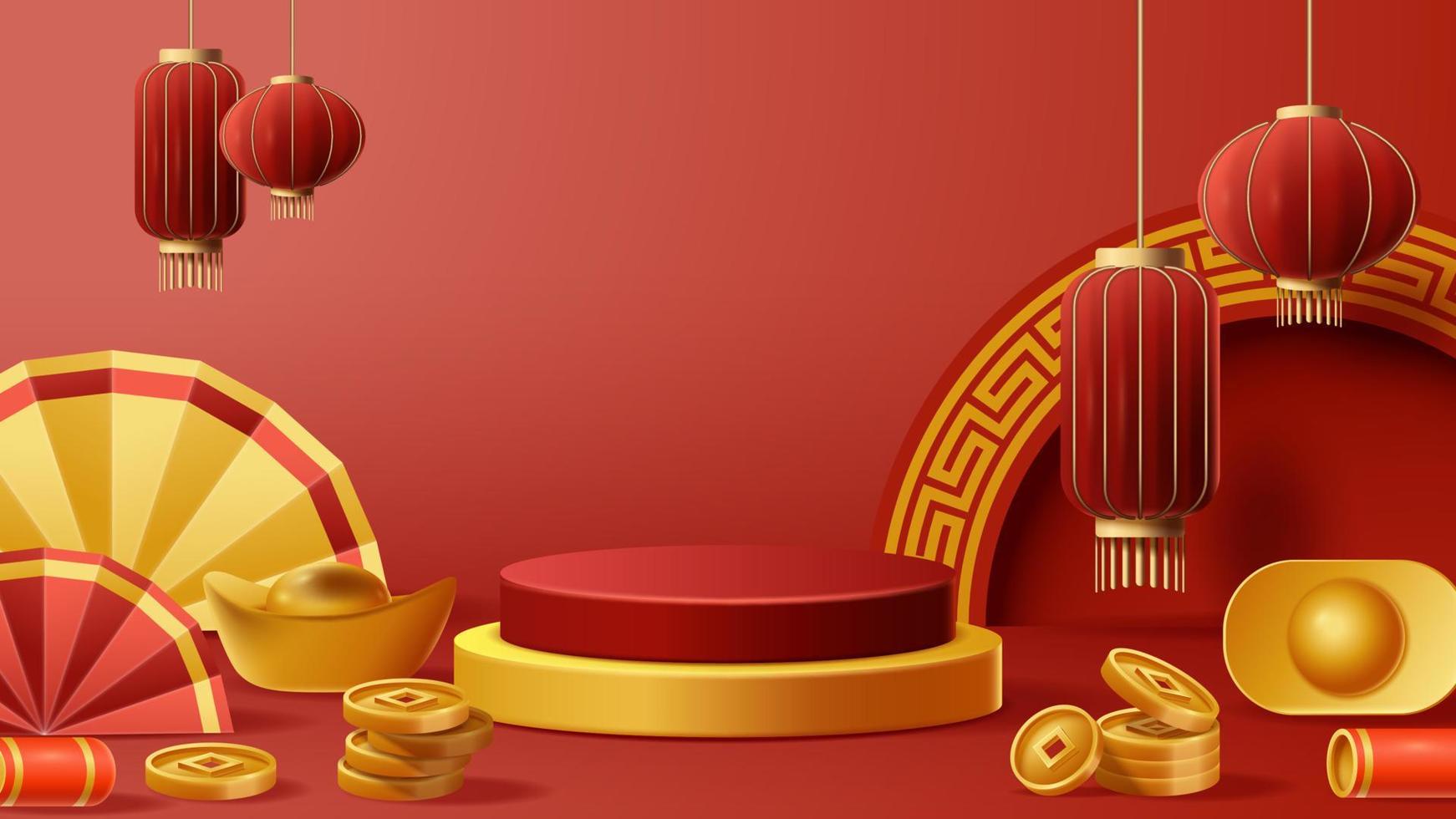 fundo de decoração de pódio de exibição de ano novo chinês com ornamento chinês. ilustração vetorial 3d vetor