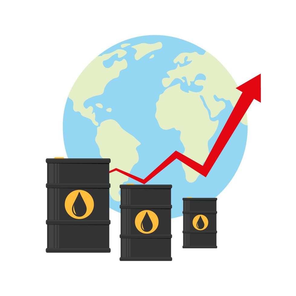 conceito de aumento dos preços do petróleo. barris de petróleo bruto ou aumento do preço do petróleo, alta demanda em crise. terra, recipiente de óleo e seta para cima. ilustração vetorial vetor