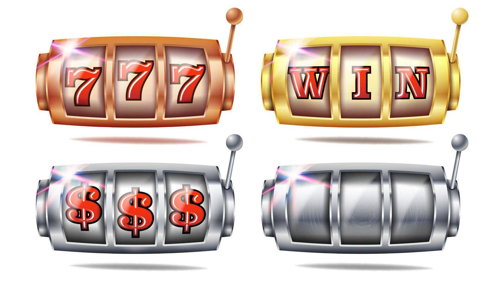 vetor de conjunto de caça-níqueis. 777. design de fundo de bingo. roda giratória. jackpot da fortuna. ouro, prata, bronze. ilustração de cassino