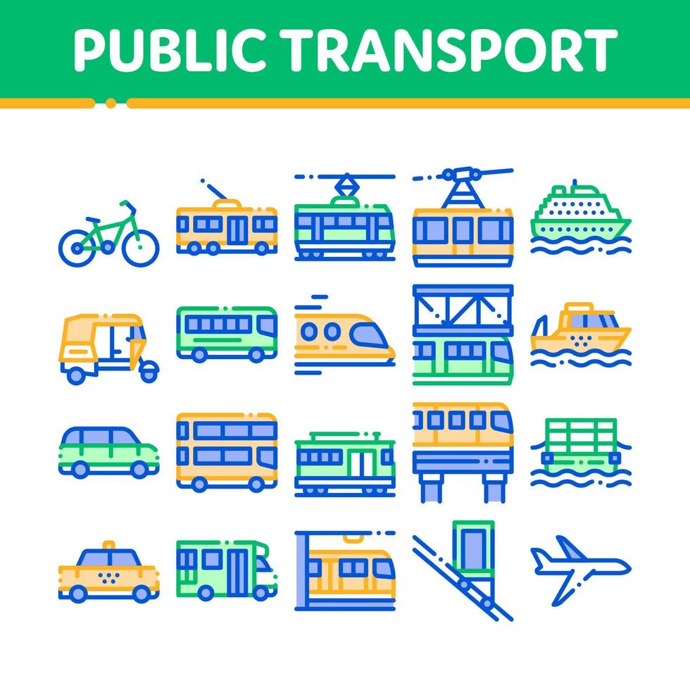 conjunto de ícones de linha vetorial de transporte público de coleção vetor