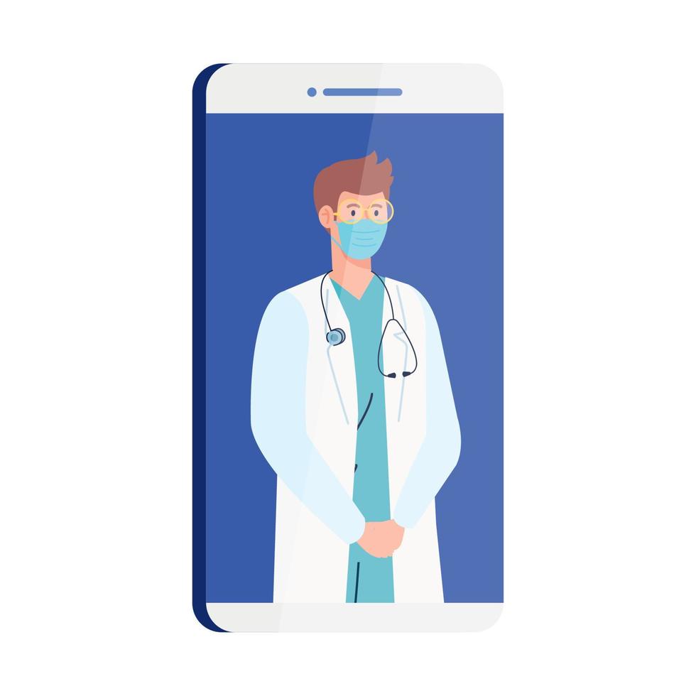 medicina on-line com médico masculino em smartphone vetor