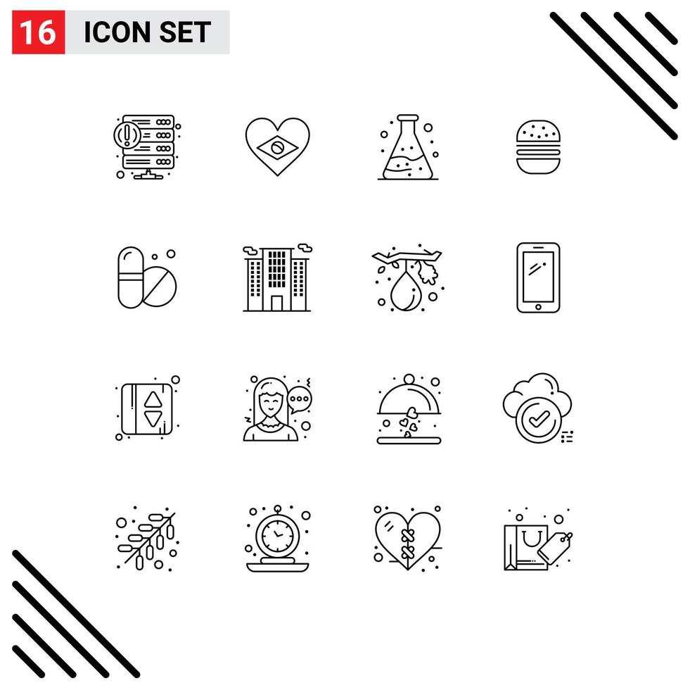 grupo de símbolos de ícone universal de 16 contornos modernos de pílulas comida amor hambúrguer rápido elementos de design de vetores editáveis