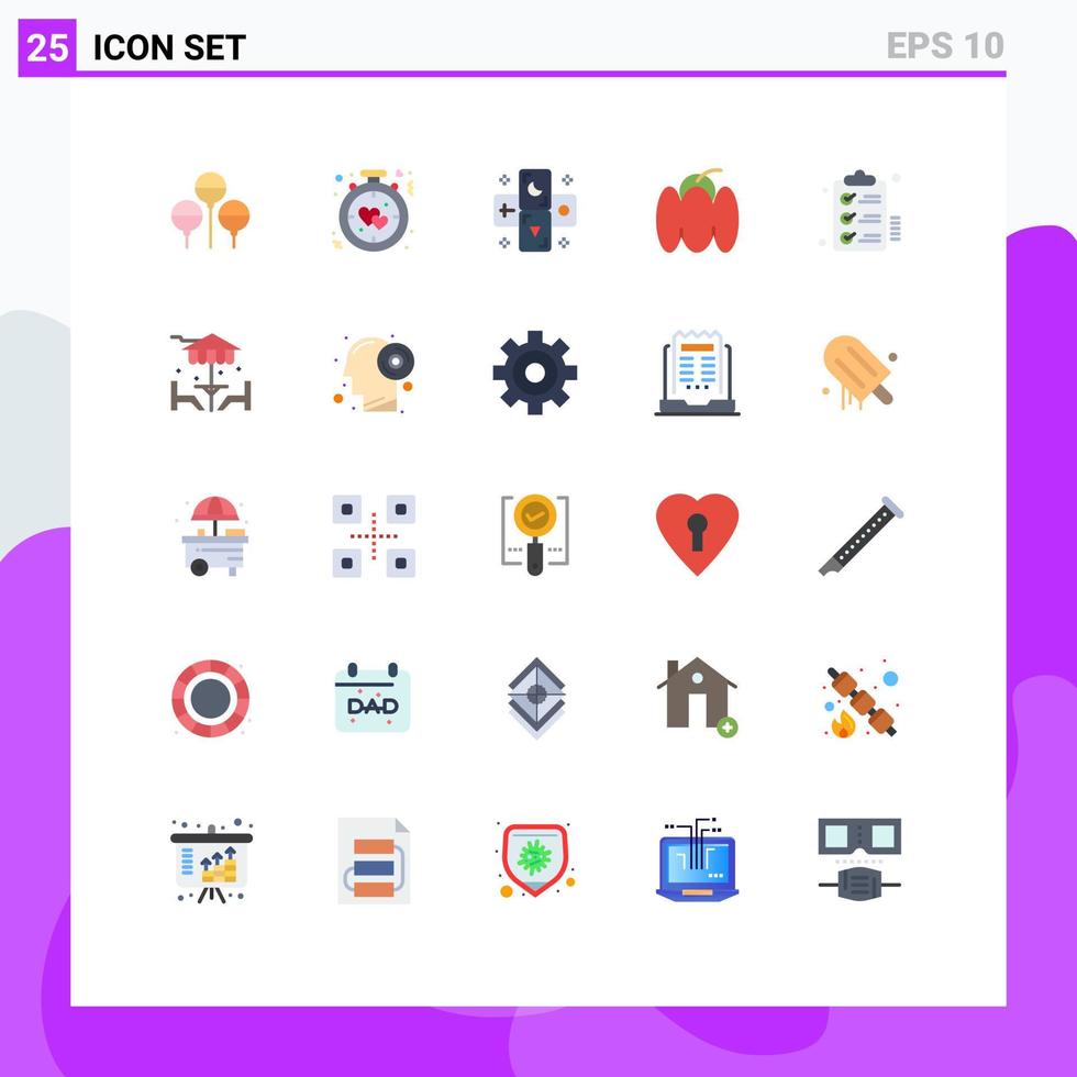 Pacote de cores planas de 25 interfaces de usuário de sinais e símbolos modernos de vegetais de área de transferência astrologia sino de pimenta elementos de design de vetores editáveis