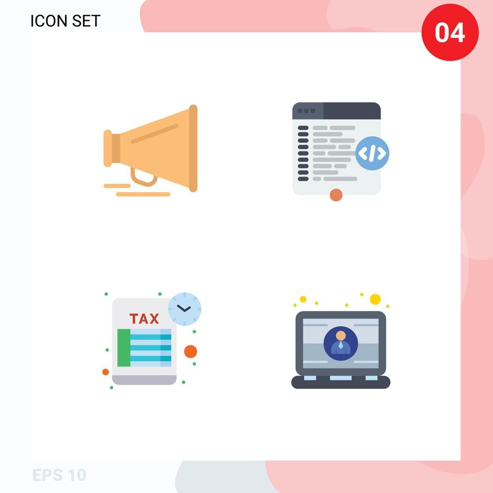 grupo de símbolos de ícone universal de 4 ícones planos modernos de janela de código de horário de alto-falante, retorno de impostos, elementos de design de vetores editáveis