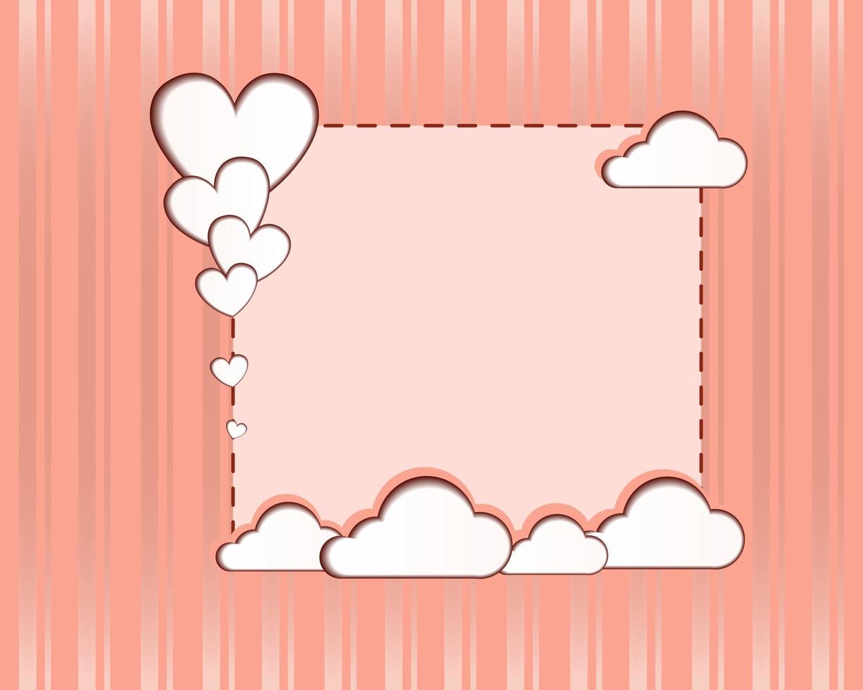 modelo de cartão de dia dos namorados listrado coral com corações recortados e nuvens de papel. espaço de escrita. vetor. modelo. cartão. convites. vetor