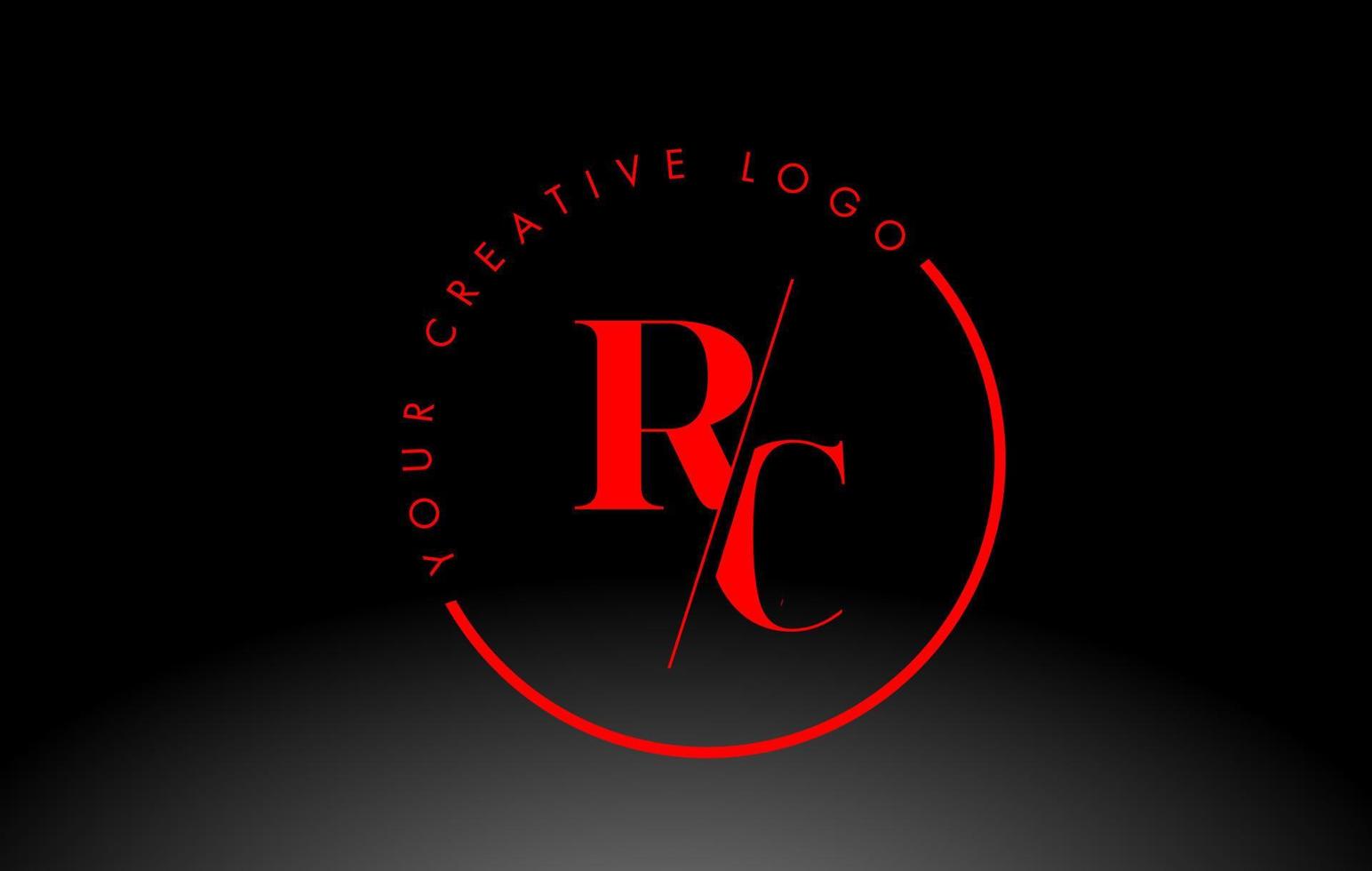 design de logotipo de carta com serifa vermelha rc com corte cruzado criativo. vetor