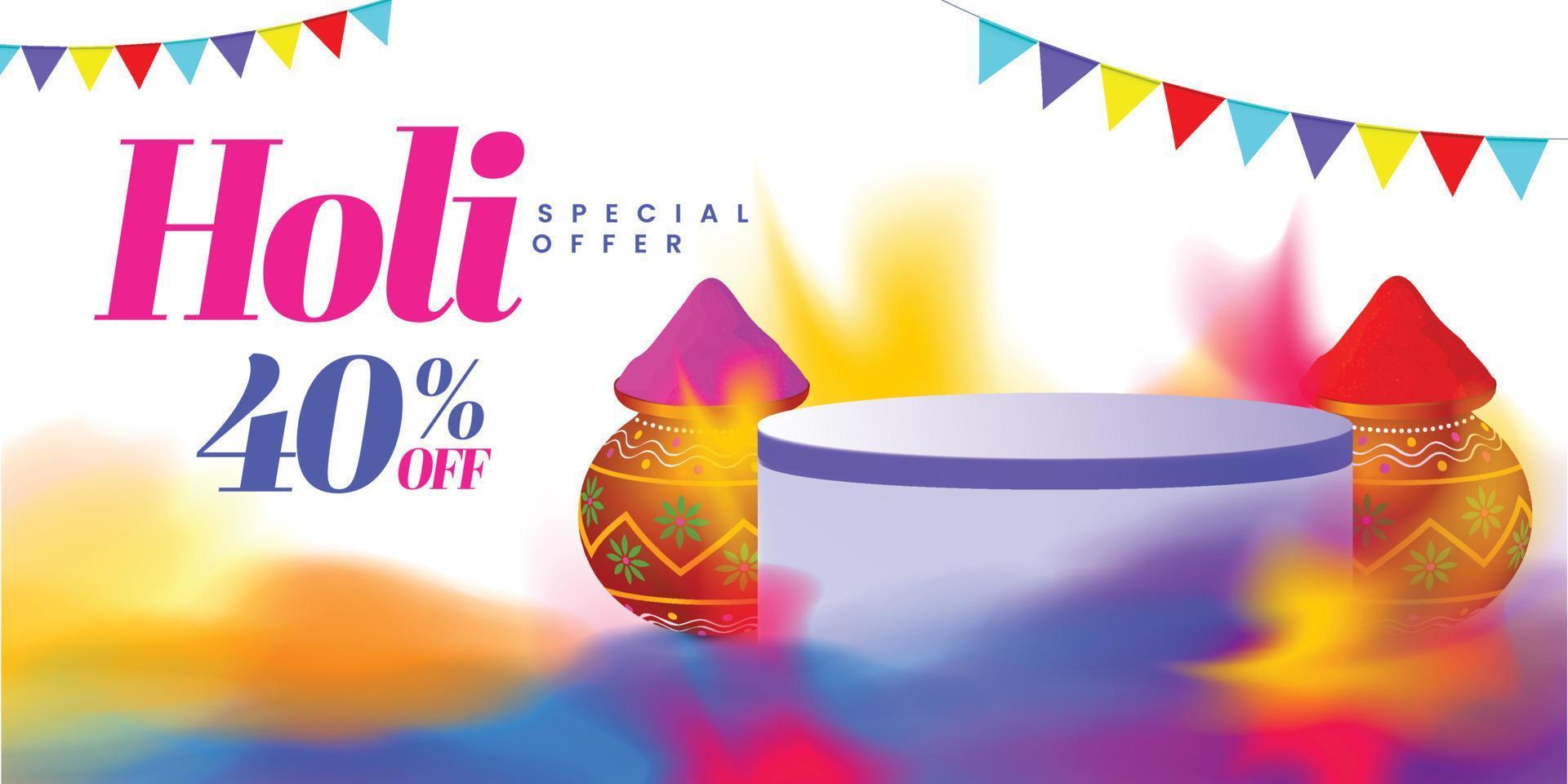 modelo de banner de oferta de venda de holi com pódio de produto em explosão de cores vetor