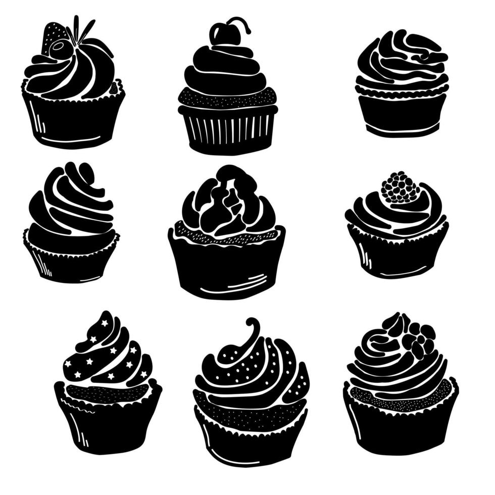 conjunto de silhuetas de cupcakes com várias decorações de creme, frutas e pó, logotipos para pastelaria doce ou padaria vetor