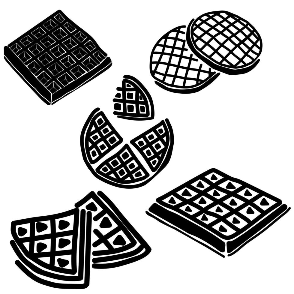 conjunto de silhuetas de waffles de massa doce de várias formas, waffles redondos e retangulares, logotipo para uma padaria ou uma loja de doces vetor