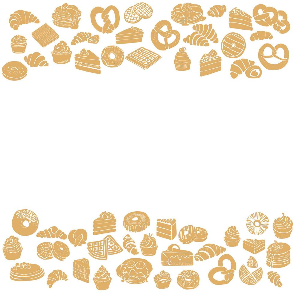 quadro de duas bordas horizontais com silhuetas de bolos de café da manhã, silhuetas de diferentes tipos de croissants, cupcakes, panquecas, waffles, pedaços de bolo, pretzels e rosquinhas vetor