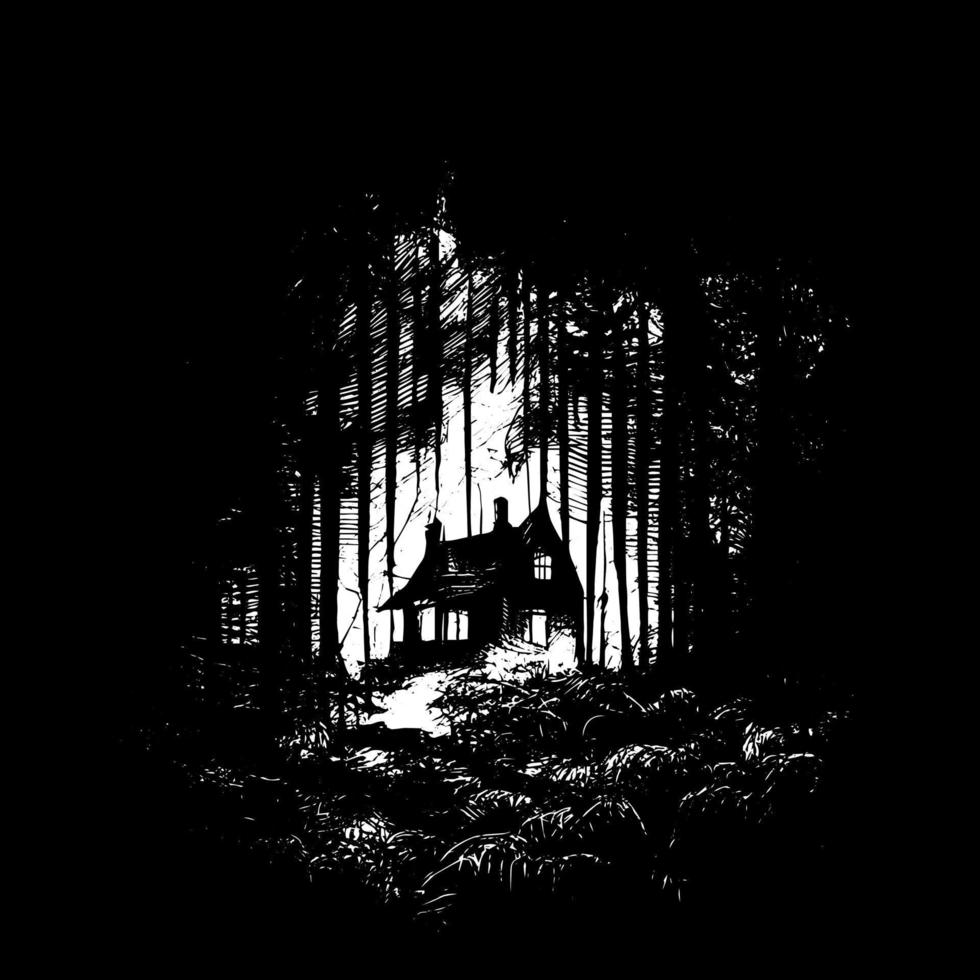 ilustração de desenho vetorial preto e branco da casa do horror na floresta escura vetor