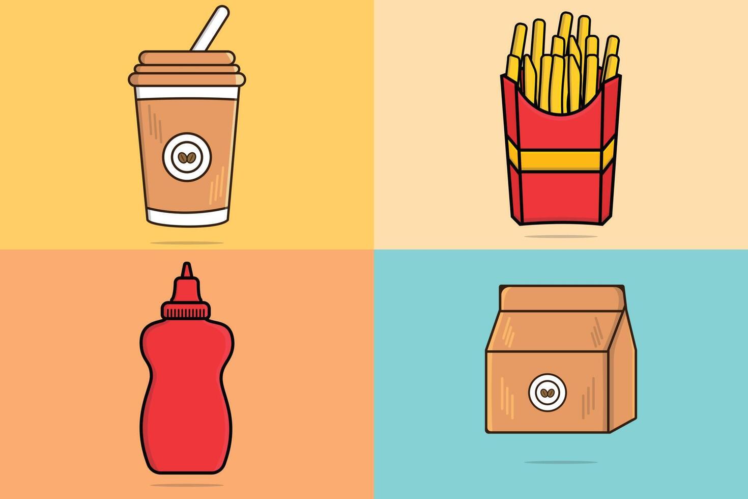 conjunto de ilustração vetorial de símbolos de fast-food e bebida de restaurante. conceito de ícone de objetos de comida e bebida. saco de papel de entrega de café, xícara de café quente, batatas fritas em caixa e design de garrafa de molho de tomate. vetor