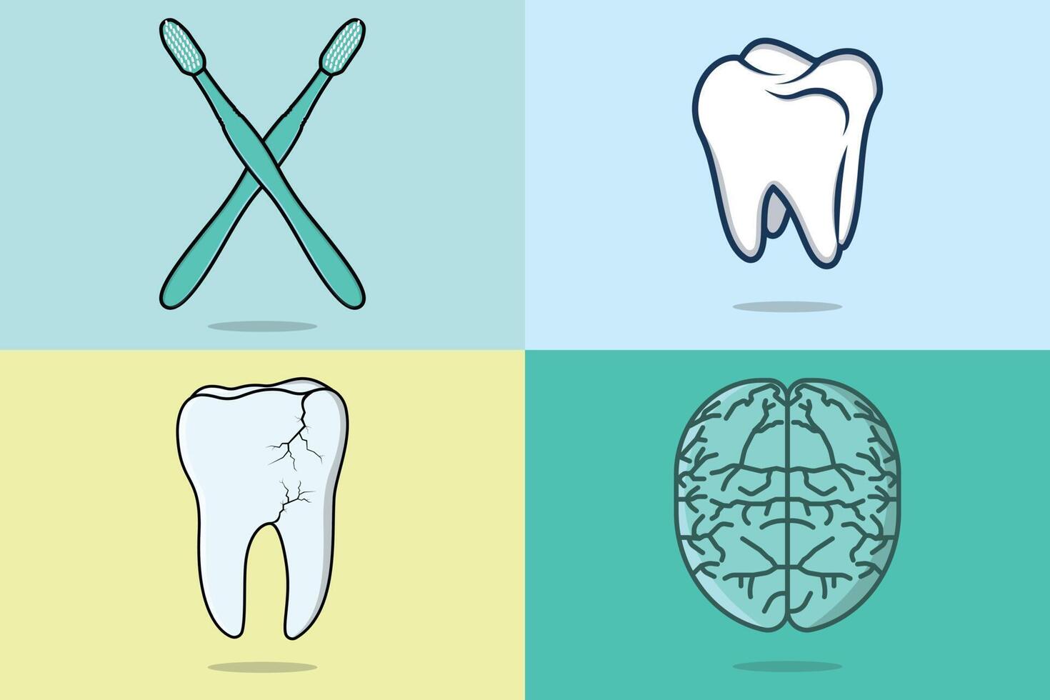 ilustração em vetor ícones de objetos de coleção médica e de cuidados de saúde. conjunto de dente de elementos de clínica odontológica, dente danificado, escova de dentes e design de vetor de cérebro humano. dentista médico, cuidados com os dentes ou dor.