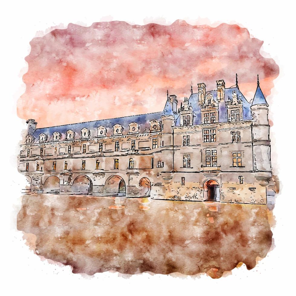 arquitetura castelo frança esboço em aquarela ilustração desenhada à mão vetor