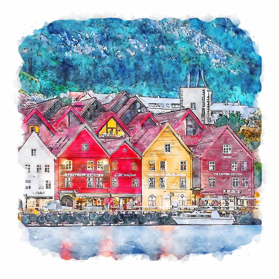 bergen hordaland esboço em aquarela ilustração desenhada à mão vetor