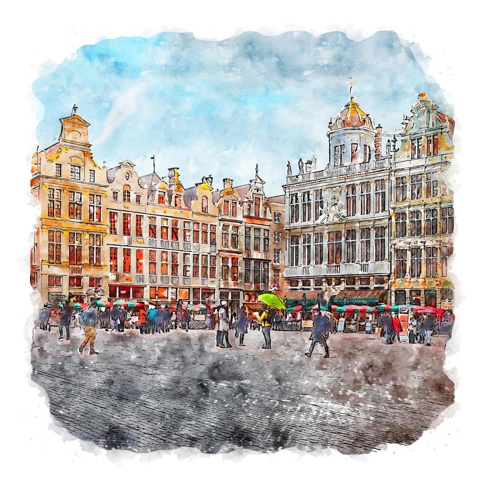 Bruxelas, Bélgica, esboço em aquarela, ilustração desenhada à mão vetor