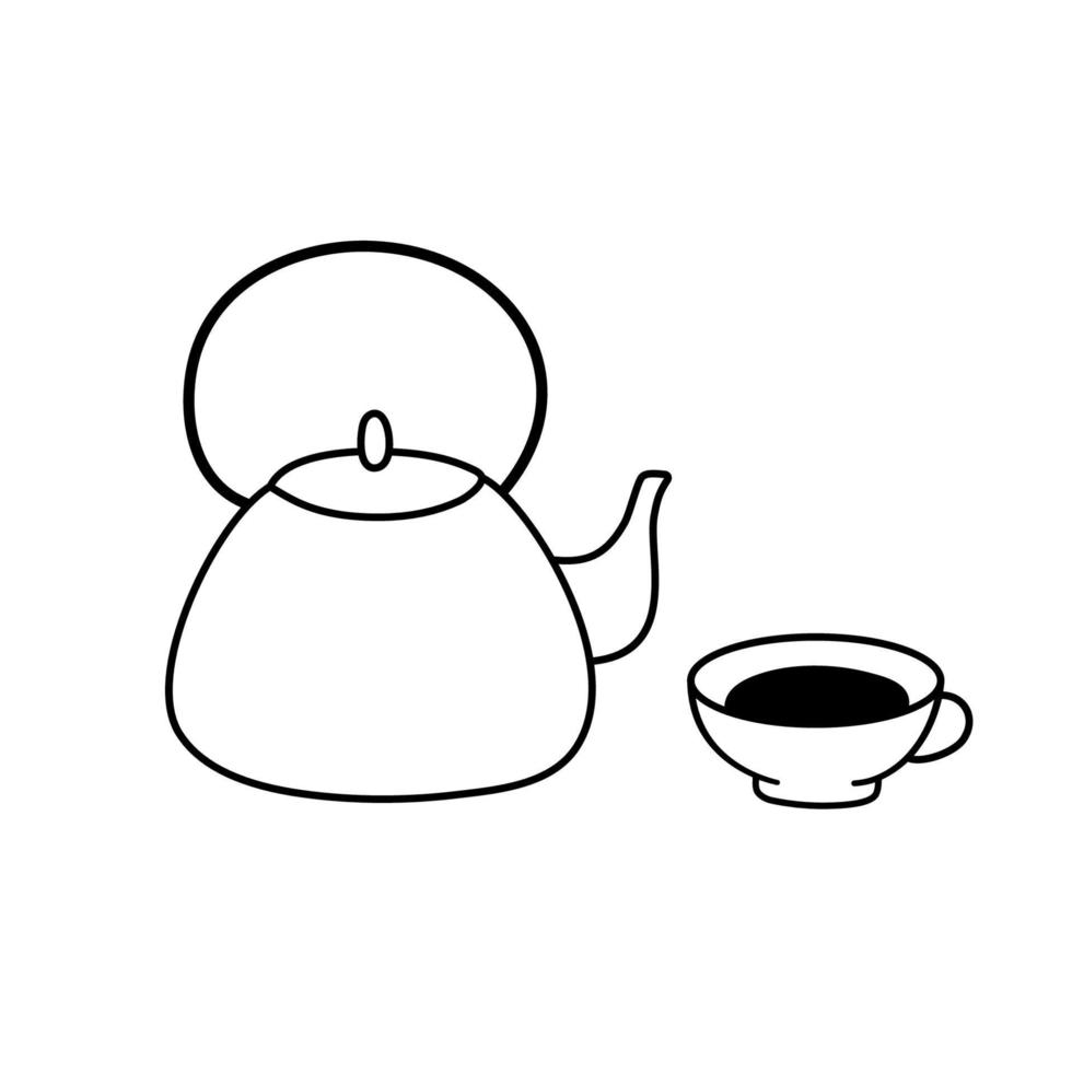 doodle chaleira e xícara com chá. ilustração em vetor bonito isolada no branco.