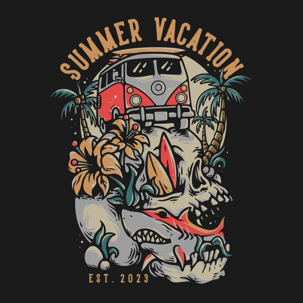 design de camiseta férias de verão est 2023 com carro van na ilustração vintage do crânio vetor