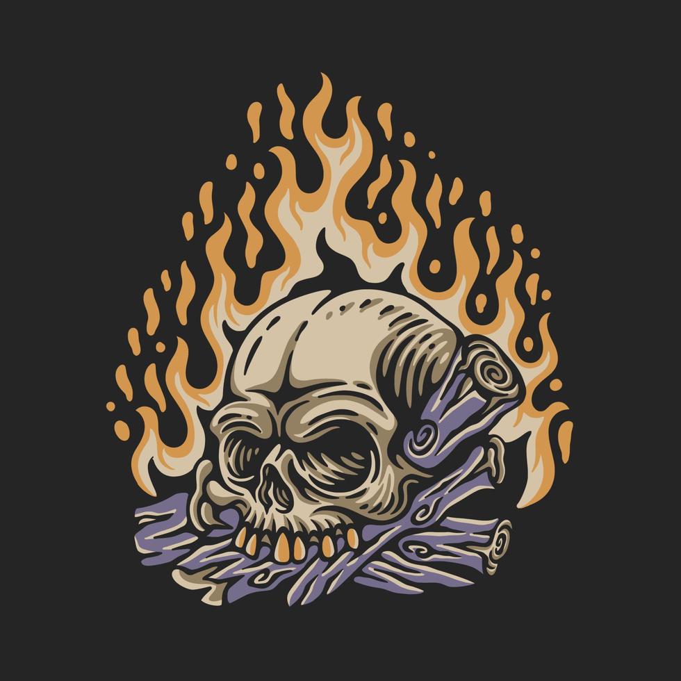 ilustração vetorial uma caveira em chamas em uma fogueira com um grande incêndio para design de camiseta vetor